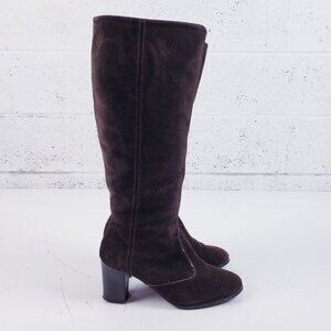 Vintage Brown Suede Sherpa Lined Chunky Heel Tall Boots Womens Size 6